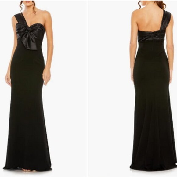 Mac Duggal Black One-Shoulder Satin Bow Trumpet Gown - Picture 1 of 2